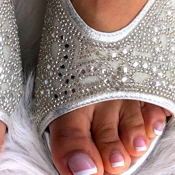 Italina Metallic Sparkly Bright Silver Rhinestone Embellished Heeled Wedge Mule - Picture 6 of 7